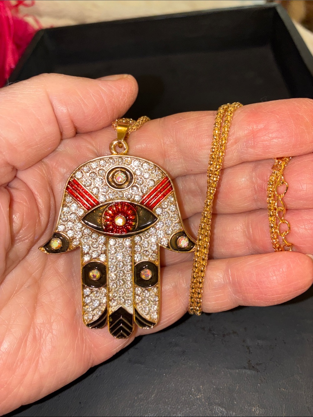 Gold-Tone Red & Crystal Hamsa Hand Pendant Necklace